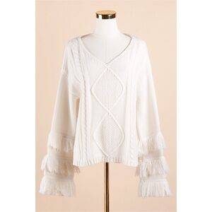 Sz S Harper Heritage White Tiered Tassle V Neck Knit Boho Sweater GUC
